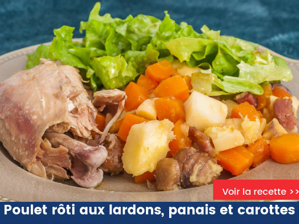 Poulet rôti aux lardons, panais et carottes